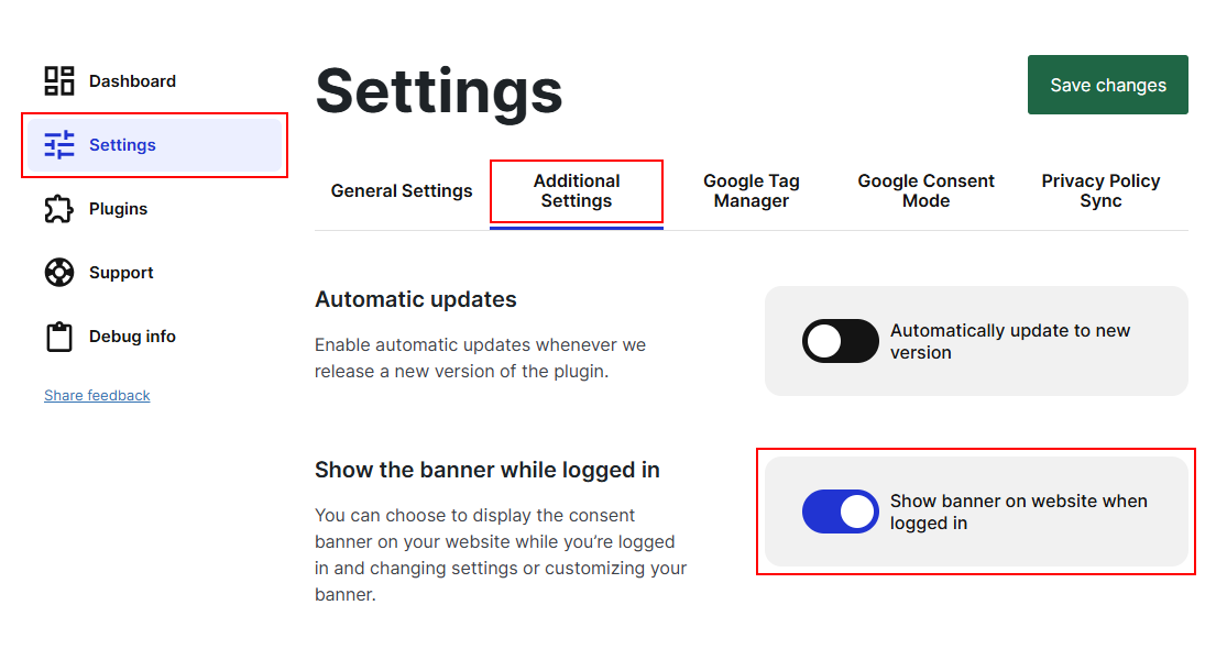 The additional settings tab