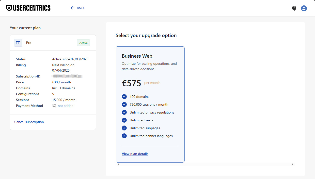 The Subscription Management screen